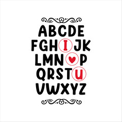 Fototapeta na wymiar Alphabet Valentine T-Shirt, I Love You Shirt, ABCD Shirt, Valentine ABCD Shirt Print Template