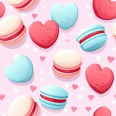 Seamless pattern with colorful macarons and hearts. Vector illustration.