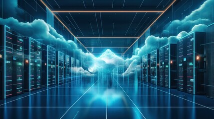 Cloud technology, Feature a futuristic server room or data center with scalable clouds - obrazy, fototapety, plakaty