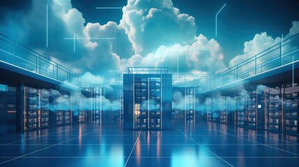 Cloud technology, Feature a futuristic server room or data center with scalable clouds