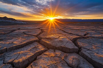 Sunrise over cracked earth, Fossil Falls National Historic Site, Mojave Desert, California, USA
