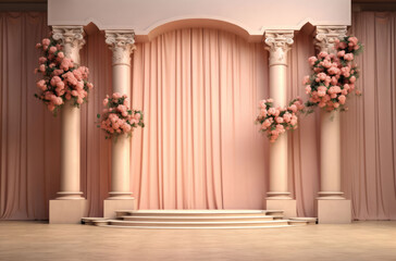 Graceful columns frame an empty blank wall backdrop in this indoor studio, accentuated by vibrant flowers for a timeless and elegant photo setting