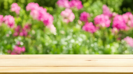 Empty wooden table in front of blurred spring or summer garden background. Banner for design.Can be used mock up for display or montage your products.Gardening season concept.Generative AI