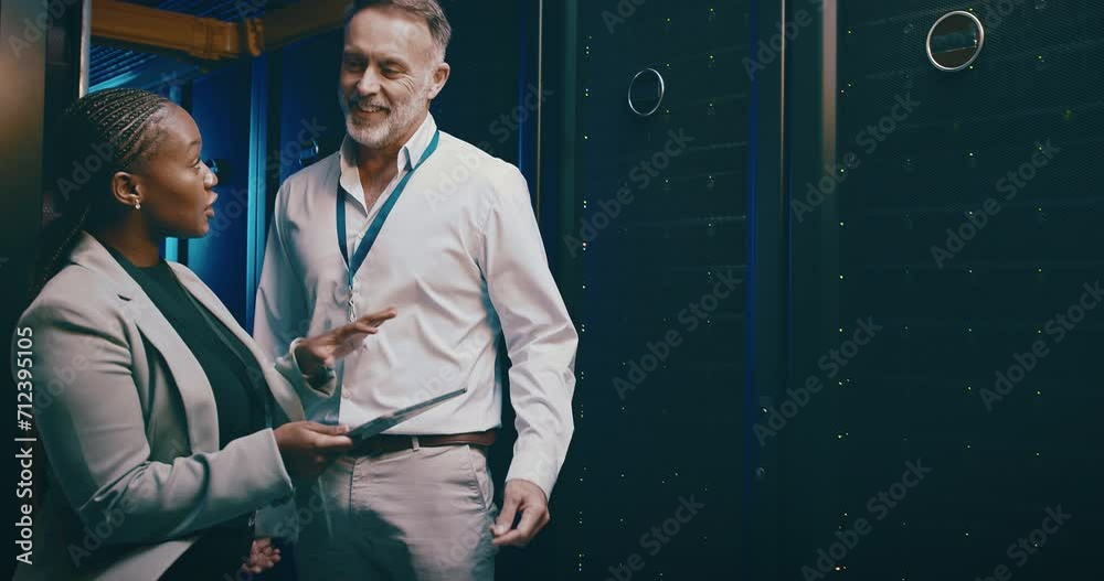 Poster Technician, team and tablet in server room for cloud computing, engineering and engineering advice or solution. Senior manager and woman in data center with digital technology or system gdpr planning