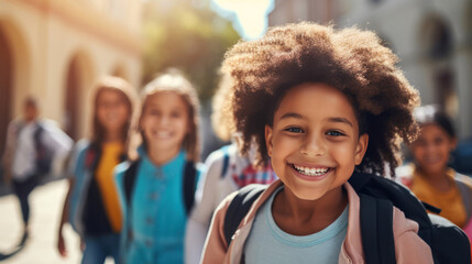 Smiles abound as a diverse group of children strolls in harmony,  embracing the back-to-school journey - obrazy, fototapety, plakaty