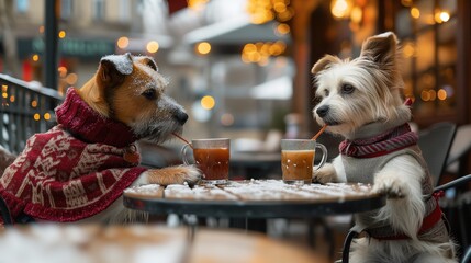 A couple of dogs sitting in a cozy winter outdoor cafe with hot drinks, dressed in stylish winter cozy clothes.