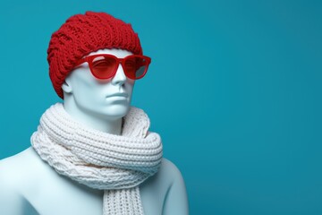 Apollo wearing red hat, scarf and sunglasses on blue background. Winter fashion.