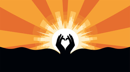 Abstract hands forming a heart with a sun at the center emphasizing the role of sunlight in mental health .simple isolated line styled vector illustration