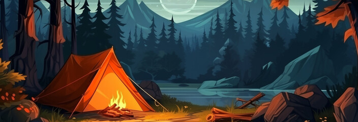 camping tent in forest with bonfire - obrazy, fototapety, plakaty