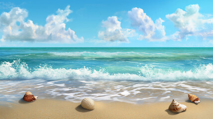 Fototapeta na wymiar Ondas do mar chegando até a praia e ao fundo o ceu azul com nuvens brancas - Papel de parede