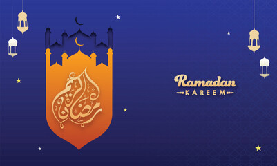 Golden Arabic Calligraphy of Ramadan Kareem with Silhouette Mosque, Hanging Lantern on Blue Islamic Pattern Background.