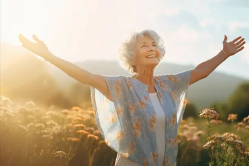 Fotobehang Happy senior woman with hands up standing. Adult woman smiling looks up with raised hands. Retirement, elderly health, life insurance, free breathing concept © Elenka