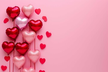Valentine's day background with red and pink hearts like balloons on pink background, flat lay