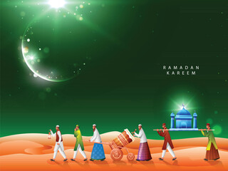 Fototapeta na wymiar Muslim People Playing Tabu Debug Drum with Carrying Mosque on Crescent Moon Green and Orange Lights Effect Background for Ramadan Kareem Celebration Concept.