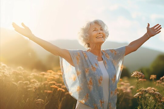 Happy senior woman with hands up standing. Adult woman smiling looks up with raised hands. Retirement, elderly health, life insurance, free breathing concept