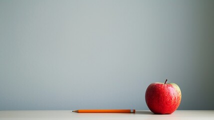 Minimalist Apple and Pencil on Desk


