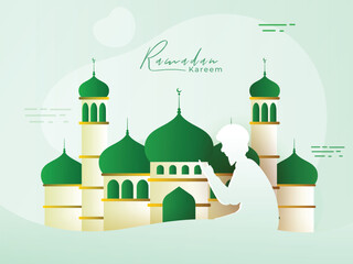 Ramadan Kareem Celebration Concept with Silhouette Muslim Man Praying and Mosque Illustration on Pastel Green Background.