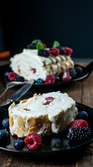 Meringue roll with wild berries