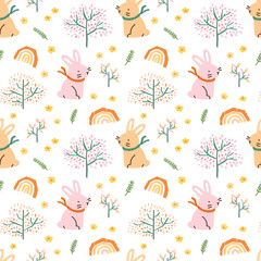 Seamless Pattern with Cartoon Rabbit, Flower and Tree Design on White Background
