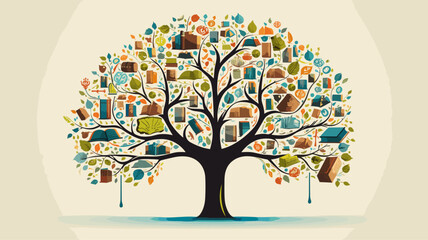 Tree of knowledge with branches bearing various subjects .simple isolated line styled vector illustration