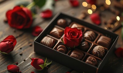 Obraz na płótnie Canvas Gift box chocolates and red roses on wooden surface