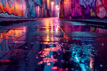 Naklejka premium wet city street after rain at night time with colorful light and graffiti wall
