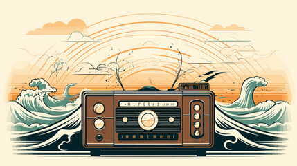 Vintage radio broadcasting educational waves connecting the dissemination of knowledge through media .simple isolated line styled vector illustration - obrazy, fototapety, plakaty