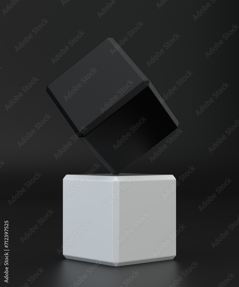 Wall mural white and black 3d cube with perspective on black background. 3d modeling box with lighting and shad