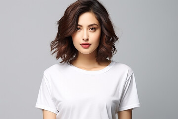 Fototapeta premium Woman in White Tshirt Mockup created with Generative AI