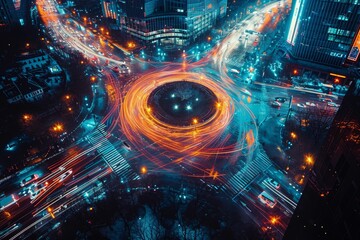 high angle view of city scape at night by managing autonomous drone - obrazy, fototapety, plakaty