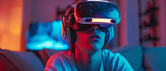 Virtual reality gaming, teenager immersed in VR headset in modern living room