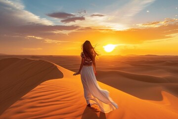 Fototapeta na wymiar Woman enjoying sunset on a desert dune