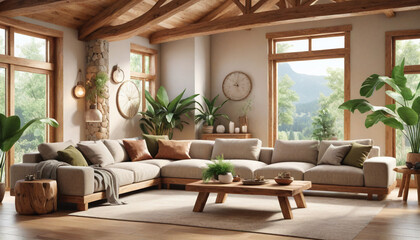 Eco-friendly living room design, large biophilic elements, natural light, sustainable materials, earthy tones, open plan, wooden beams, stone accents, comfortable and organic furniture, large leafy
