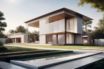 The residential villa exterior architect ground floor  with grid design. Ai Generated