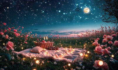 Rose petals lead to a blanket spread on the grass in a meadow with a picnic basket,
beautiful stary sky and bright moon - obrazy, fototapety, plakaty