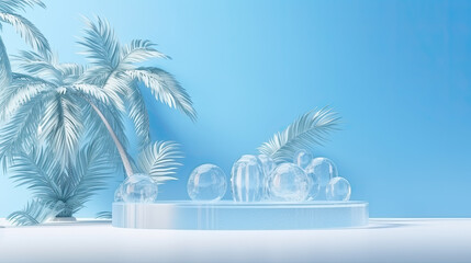 Chill vibes: Ice stage, palm leaf backdrop. Blank canvas, perfect for showcasing summer treats and cool delights