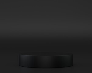 Black round podium for presentation cosmetic products, goods, advertising, design in soft gradient, in modern simple style, copy space