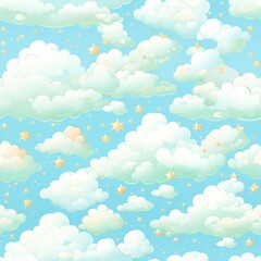 Seamless Pattern. Hand-painted Night Sky with Shimmering Stars and Fluffy Clouds