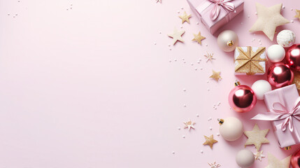 Festive Christmas Concept: Top View of Present Boxes and Stylish Decor on Snowy Fir Branches with Blank Space for Promotional Content on Isolated Light Pink Background