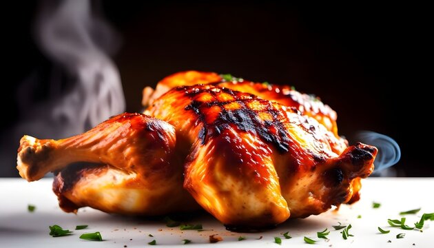 Roasted whole grilled chicken with smoke on black background - delicious food - juicy chicken.