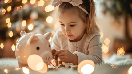 Fototapeta na wymiar Happy little girl saving money into piggy bank, saving money concept