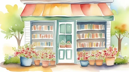 Zelfklevend Fotobehang small bookstore on the corner of a city street, Urban landscape of a bookstore with large windows, books, plants in pots, watercolor illustration © ViRusian
