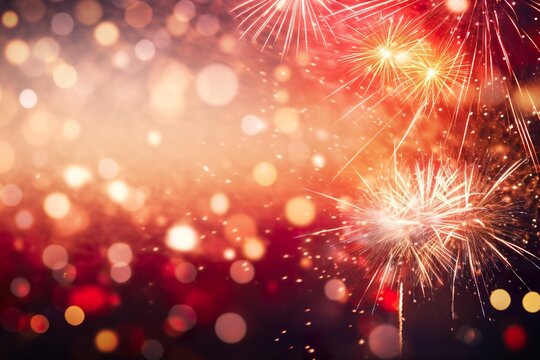Red - Gold Fireworks and bokeh in New Year eve and copy space. Abstract background holiday