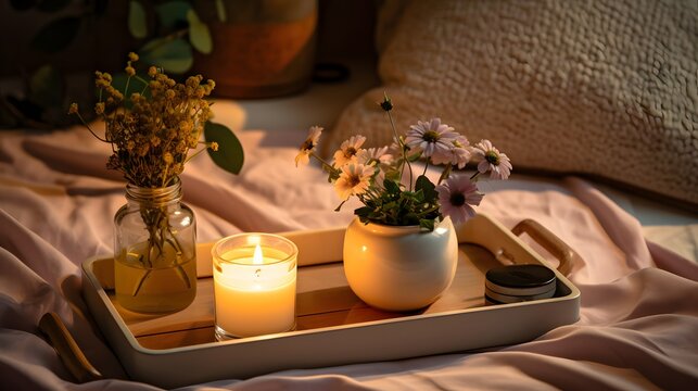 Cozy Bedroom Tray with Lit Candle and Wildflowers