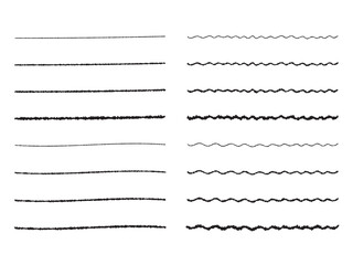 手書きの直線・波線の飾り罫のあしらいセット　　かわいいおしゃれな罫線　白黒　ベクター　Handwritten cute wavy lines and straight lines - obrazy, fototapety, plakaty