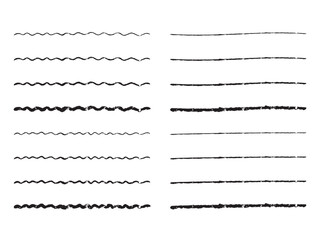手書きの直線・波線の飾り罫のあしらいセット　　かわいいおしゃれな罫線　白黒　ベクター　Handwritten cute wavy lines and straight lines