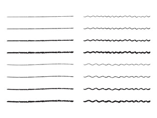 手書きの直線・波線の飾り罫のあしらいセット　　かわいいおしゃれな罫線　白黒　ベクター　Handwritten cute wavy lines and straight lines