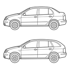 Set of classic car body types. Two body shot - station wagon and sedan. Side view. Outline doodle vector illustration	
