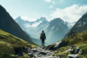 Man standing on a mountain looking at the valley - obrazy, fototapety, plakaty