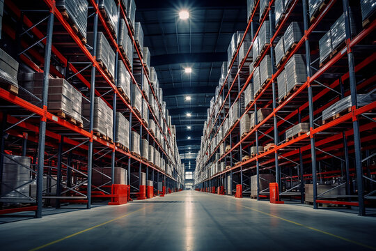Warehouse with cardboard boxes inside on pallets racks, logistic center. huge, large modern warehouse